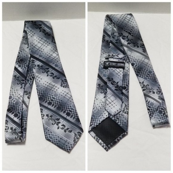 Vintage Stacy Adams Silver Gray Geometric Floral Tie Men's Classic Formal Neckti - Picture 3 of 8